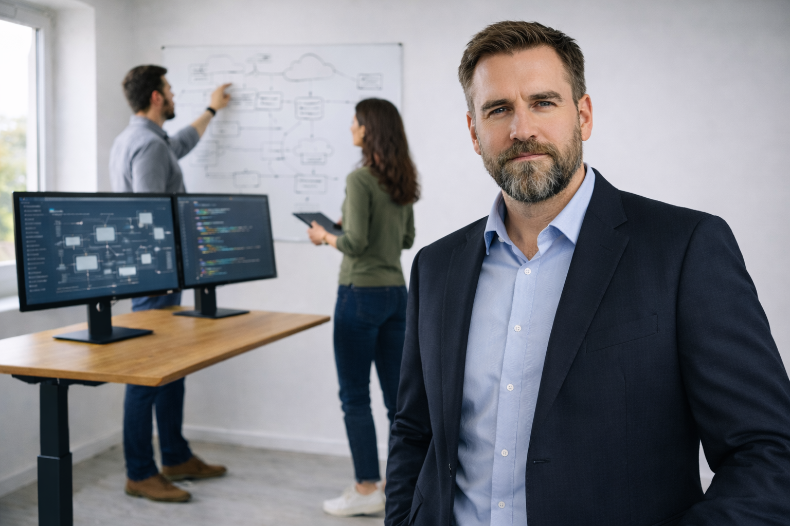 Team bei der Arbeit an Whiteboard und Monitoren